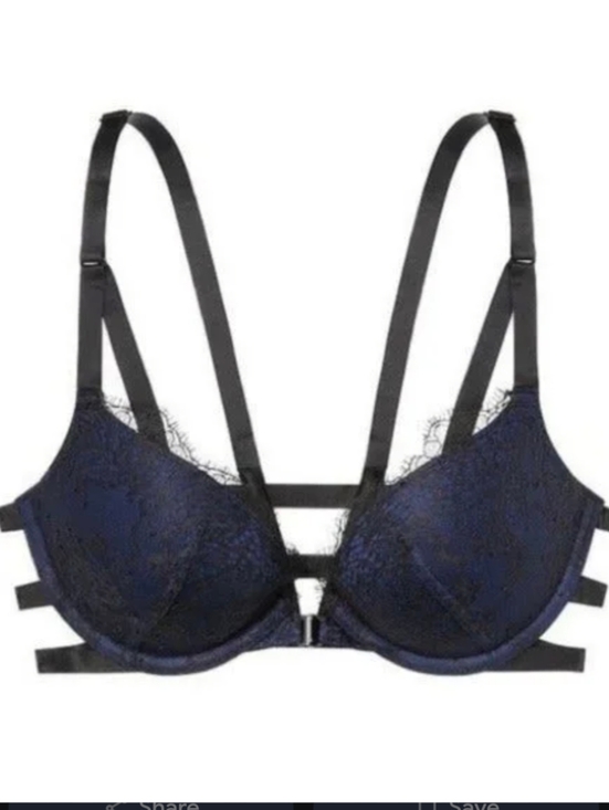 Victoria's Secret Other - Victoria's Secret Navy Blue Black Lace Front Clasp Strap Push Up Bra 32B